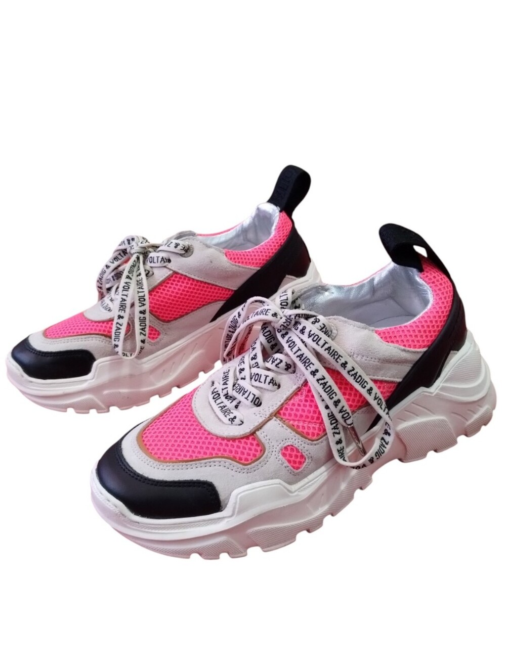 Zadig & Voltaire Future Sneaker Chunky Neon Pink Mesh Sneakers Women's 8 Lace Up - Picture 2 of 5